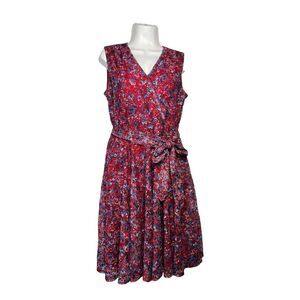 Roz & Ali Red Blue Floral Lace Sleeveless Faux Wrap Belted Dress Size 10 Wedding
